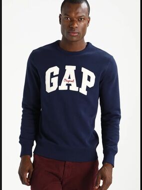 GAP Navy Crewneck with White Arch Logo and Red Accent